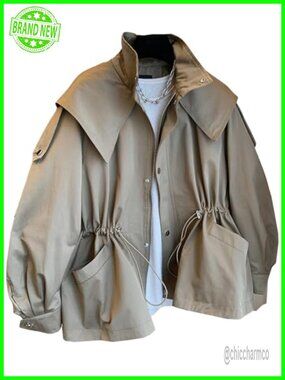 Womens Trench Coat Stand Collar Zip Up Hooded Jacket Polyester Loose Fit